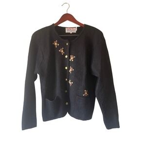 Vintage Black Teddy Bear Embroidered Knit‎ Cardigan Gold Buttons Large